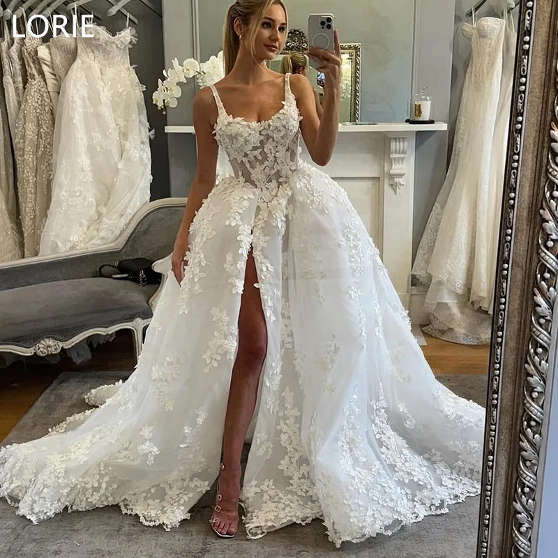 

LORIE A-line Sexy Applique 3D Flowers Wedding Dress Side Split Backless Wedding Gowns Spaghetti Strap Bride Gown Customized 2025