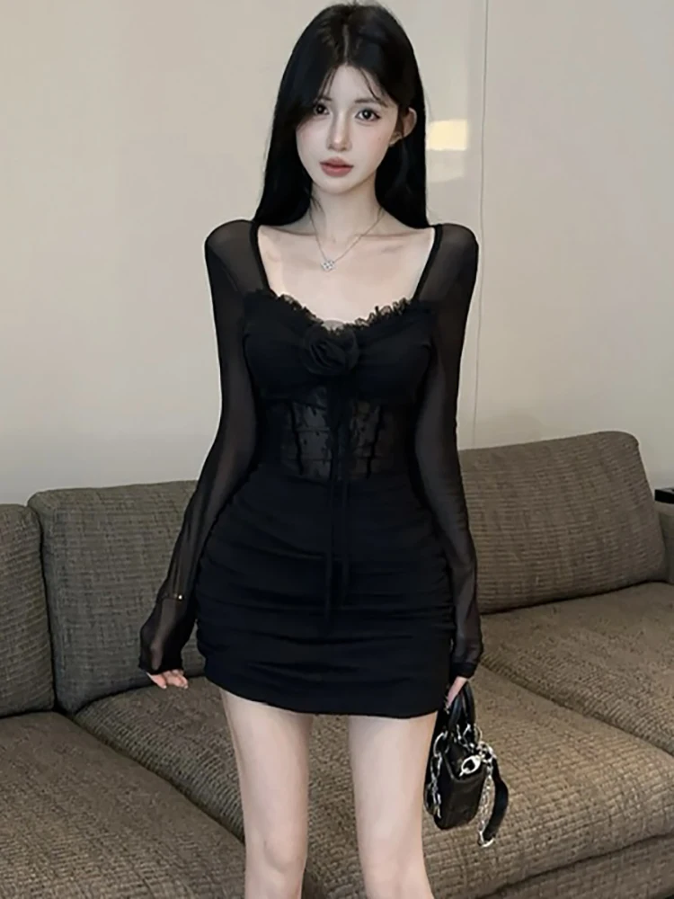 2025 Black Mesh Patchwork Lace Sheer Sexy Mini Dress Women Long Sleeve Square Collar Dress Autumn Korean Vintage Bodycon Dresses