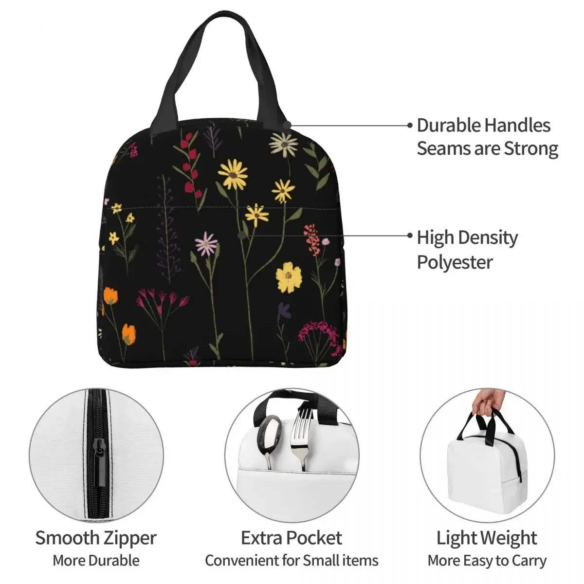 Lunch Bags for Women Kids Pretty Flowers Floral Insulated Cooler Bag Portable Picnic Work Canvas Lunch Box Food Storage Bags