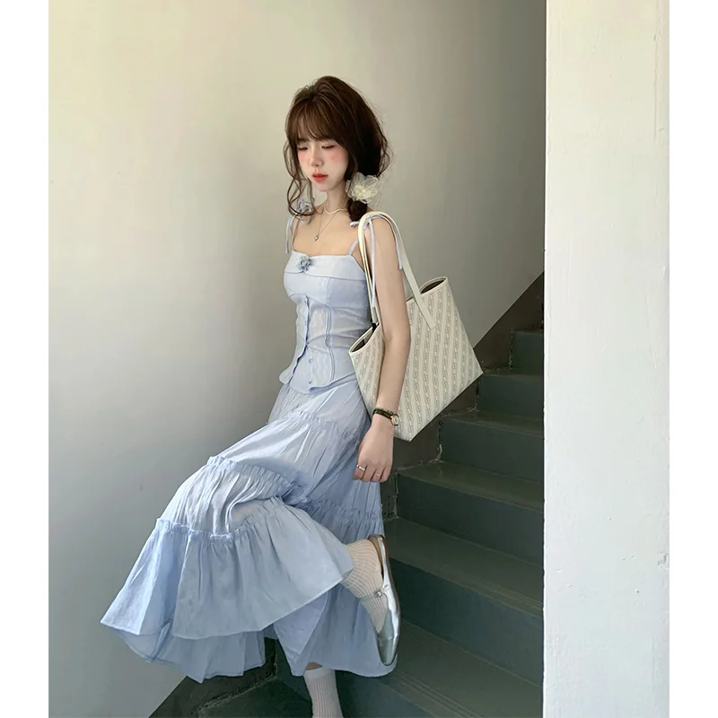 Korea Women Summer Sets Ruffled Camis Skirt Suits Spaghetti Straps Ruched Vest Tops Swing Long Skirts Suits