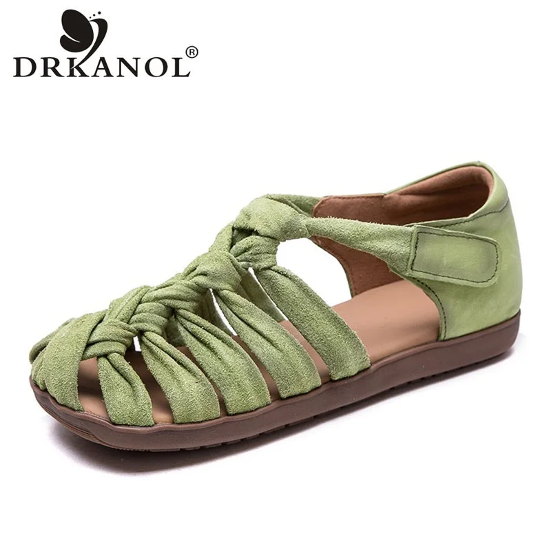 

Женские летние сандалии DRKANOL, плоские, ручной работы, из натуральной кожи, с вырезами, мягкие, удобные, повседневные, в римском стиле, зеленые