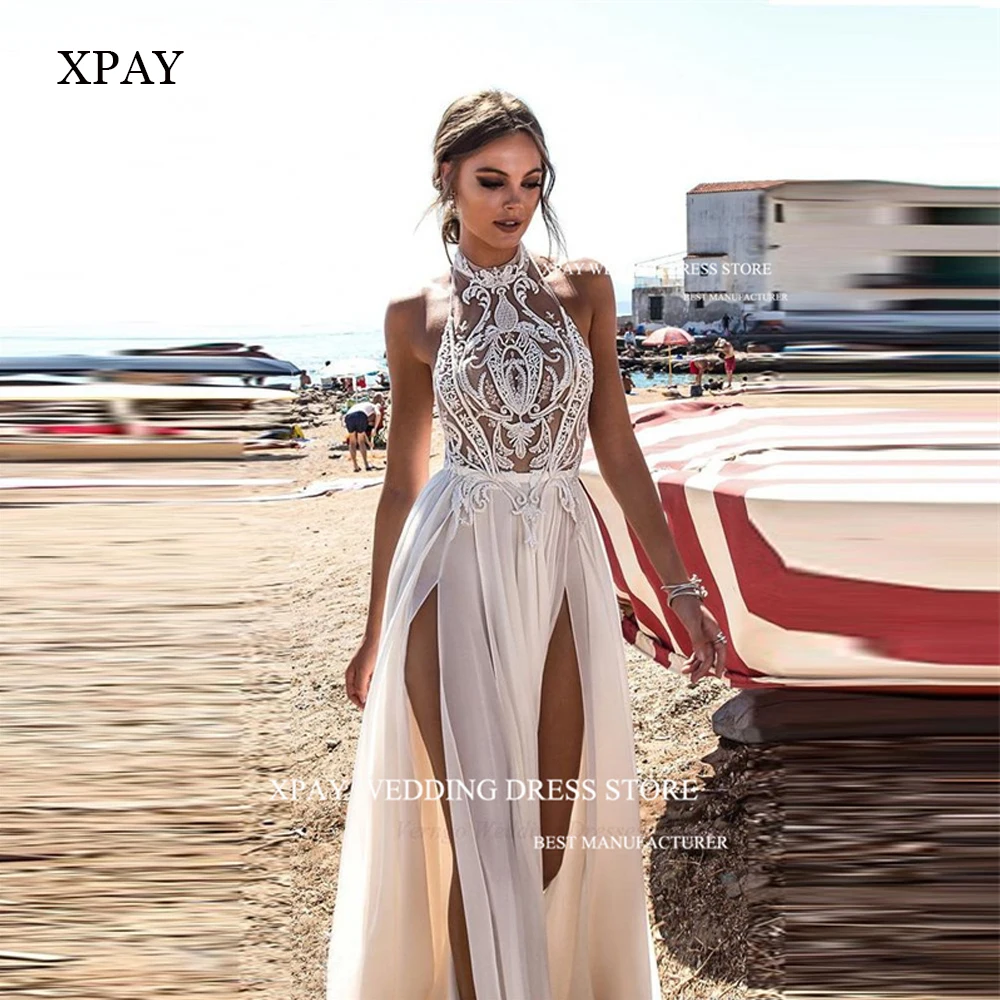 Xpay Sexy Backless Boho Strand Trouwjurken Halter Kanten Top Chiffon Rok Split Strand Bruidsjurken Robe De Mariee