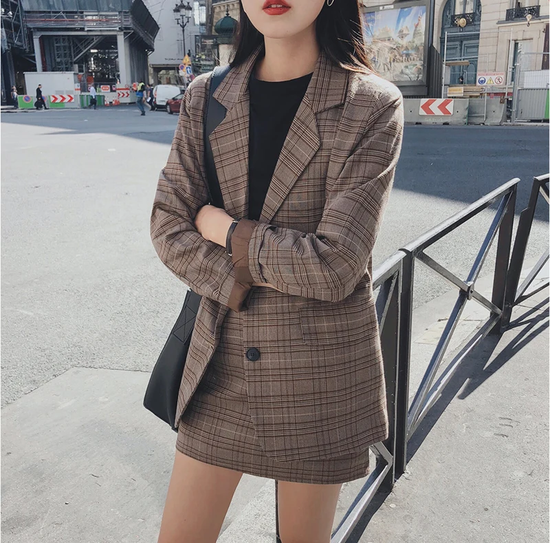 Mozuleva 2022 Retro Plaid Blazer Set Single-breasted Jacket & Pencil Skirt 2 Pieces Skirt Suit Female Office Ladies Blazer Suit