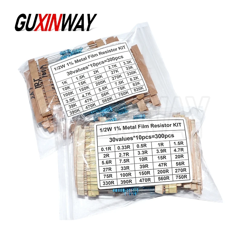300PCS 30 Kinds 0.1R-750R 1K-820K Resistor 150PCS/Set 1/4W 1/2W 1W 2W 3W Resistance 1% Metal Film Resistor Pack Assorted Kit