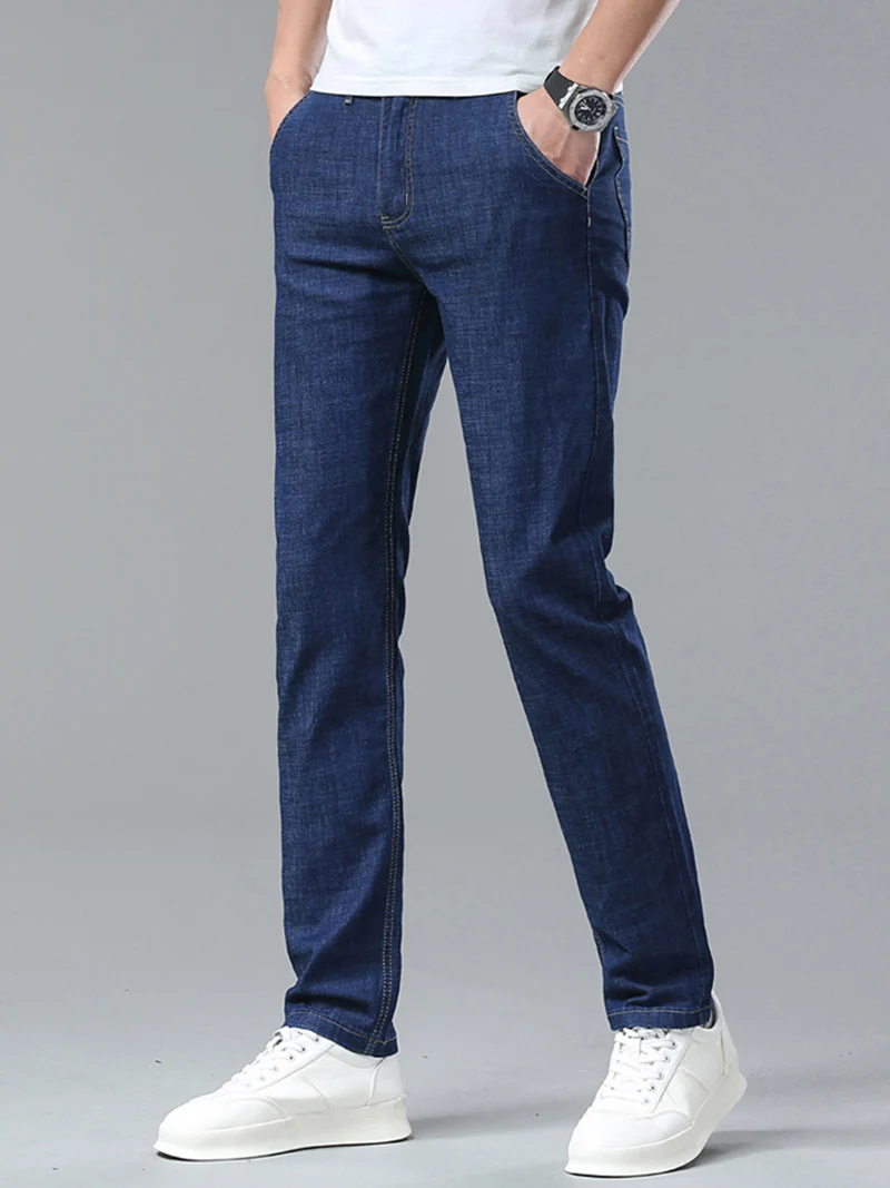 Calça jeans comercial, azul-escura, masculina, leve e versátil, estilo clássico, fina, casual, nova, primavera, verão