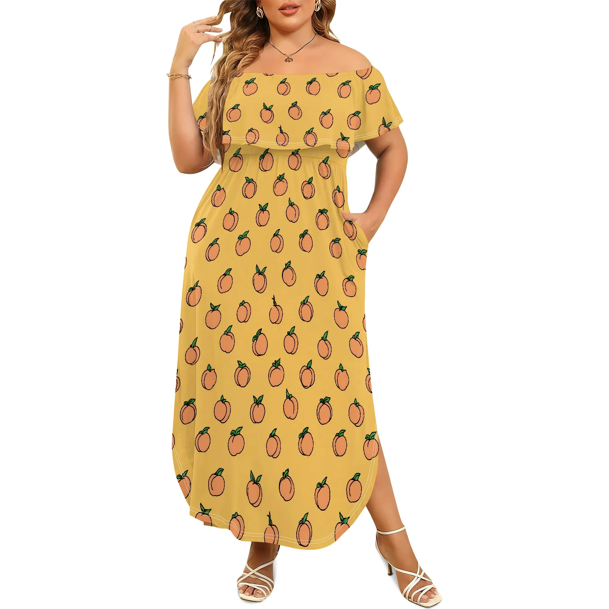 

Women's Upper Flounce Layer Off Shoulder Plus Size Slit Maxi Dress