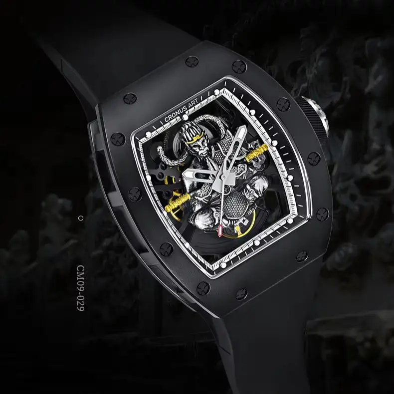 

Мужские автоматические часы CRONUSART 42 мм, механические наручные часы Tonneau с люминесцентным циферблатом Wukong, из углеродистой стали
