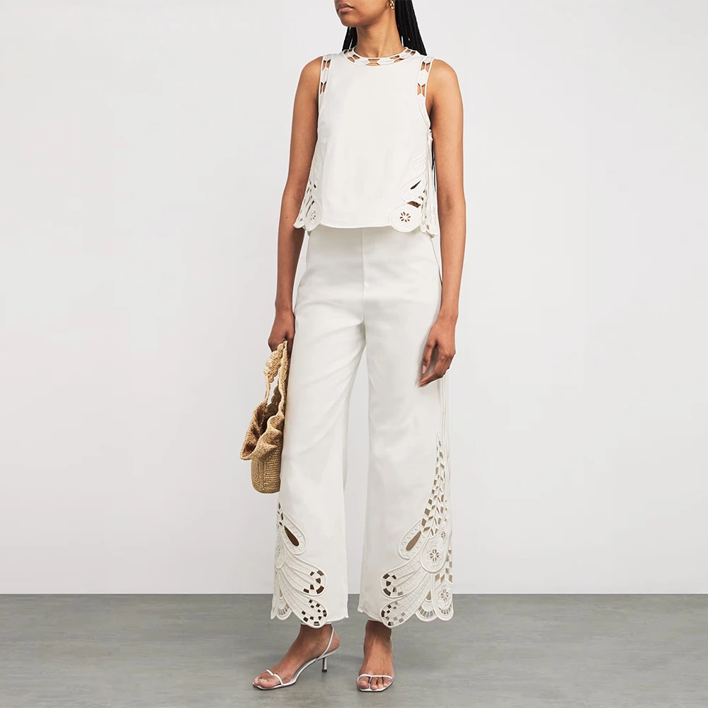 

Solid Hollow Out Two Piece Sets for Women Round Neck Sleeveless Top High Waist Wide Leg Pant Fashion Set Female New