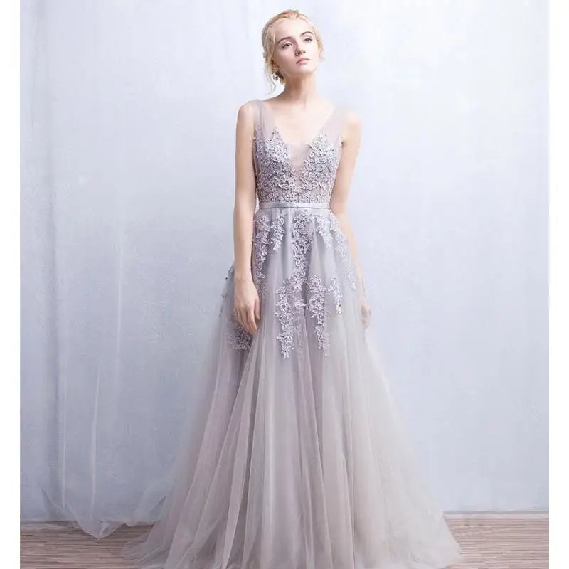 Geburtstagsgeschenk auf Lager, elegantes Tüll-Abschlussballkleid, Applikationen, Perlen, Abendkleid, V-Ausschnitt, Brautjungfernkleid, Vestidos De Fiesta