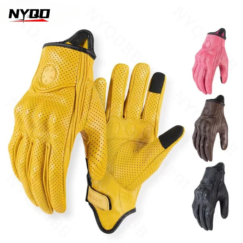 Motorcycle Riding Leather Anti Fall Gloves Summer Touch Screen Sheepskin Retro Motorcycle Rider Equipment Breathable Gloves