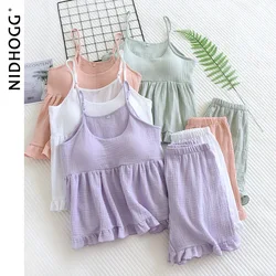 Pure Cotton Women Pajamas Sexy Suspenders with Chest Pads Sleep Tops Shorts Thin Sleepwear Fresh Pure 2 Piece Set Solid Pijamas