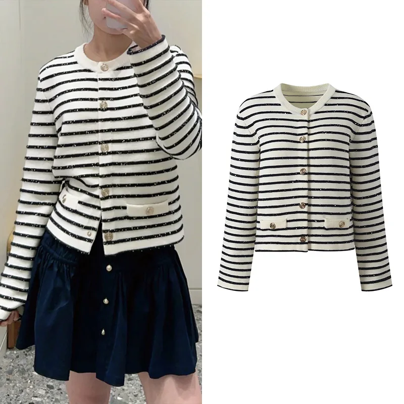 

iny Sequin Knitted round Ne Open Cardigan Outerwear Faionable Striped Color Blo Sle Commute Wind Autumn New Arrival