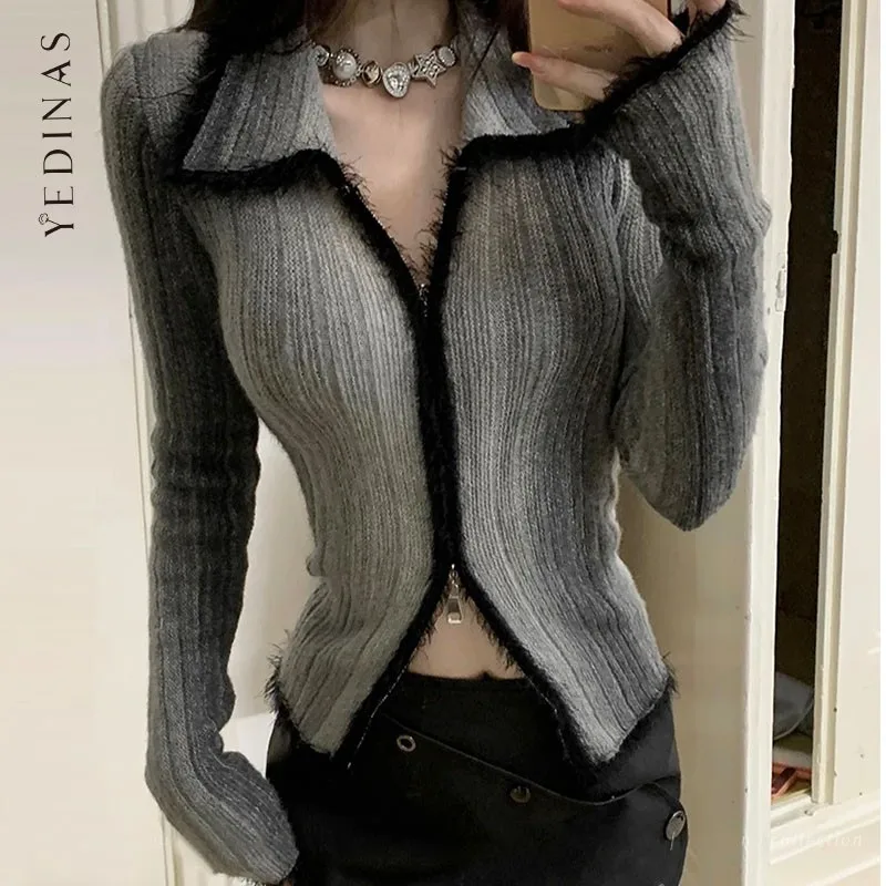 Yedinas Gradient Sweater Women Knitted Tops Tie Dye Double Zipper Cardigan Y2k Vintage Streetwear Korean Autumn Winter Gothic