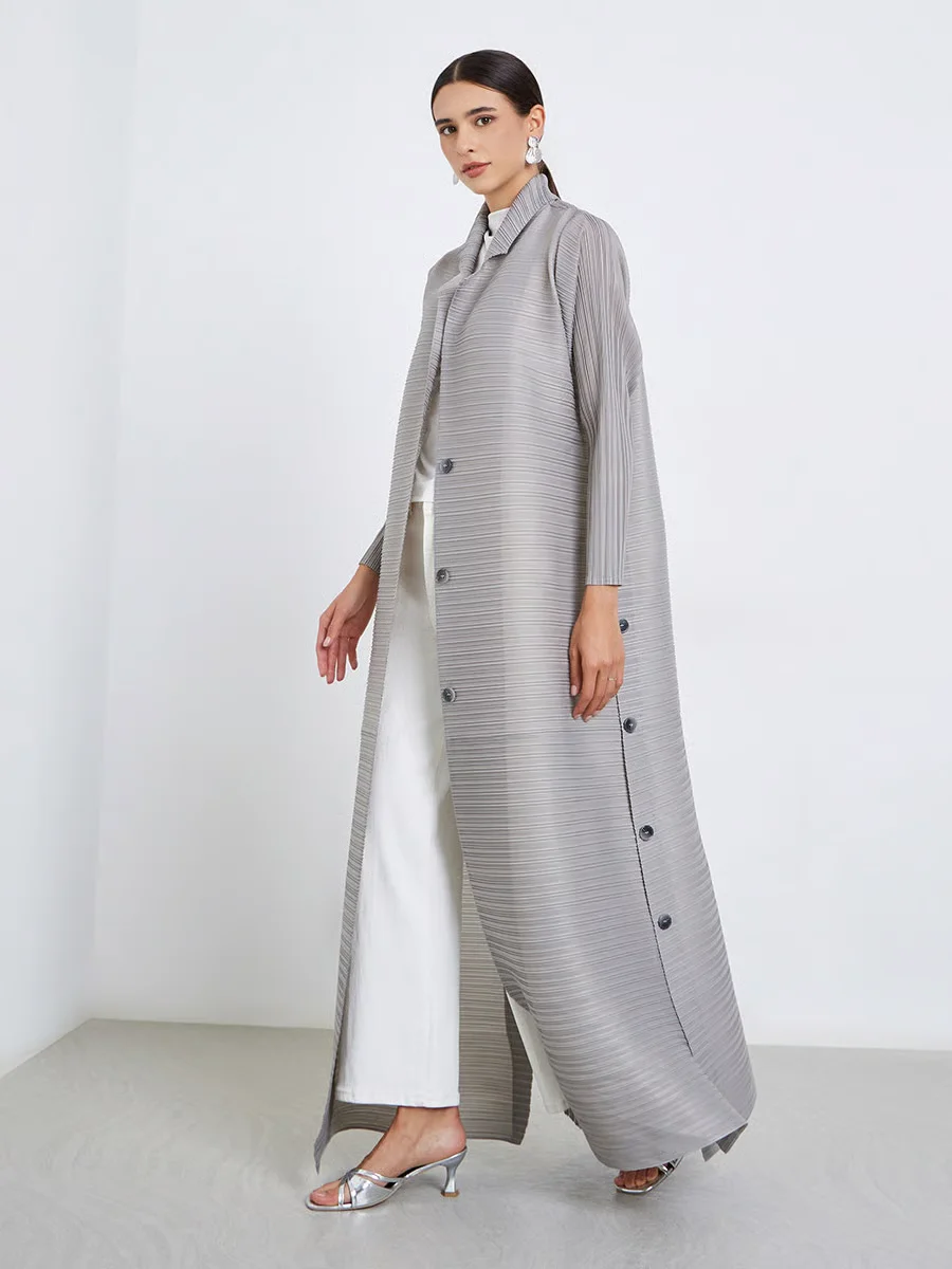 

Pleated Light Gray Abaya Side Button Detail Sheer Fabric Minimalist Design Islamic Robe Open-Front Silhouette Modest Wear 2025