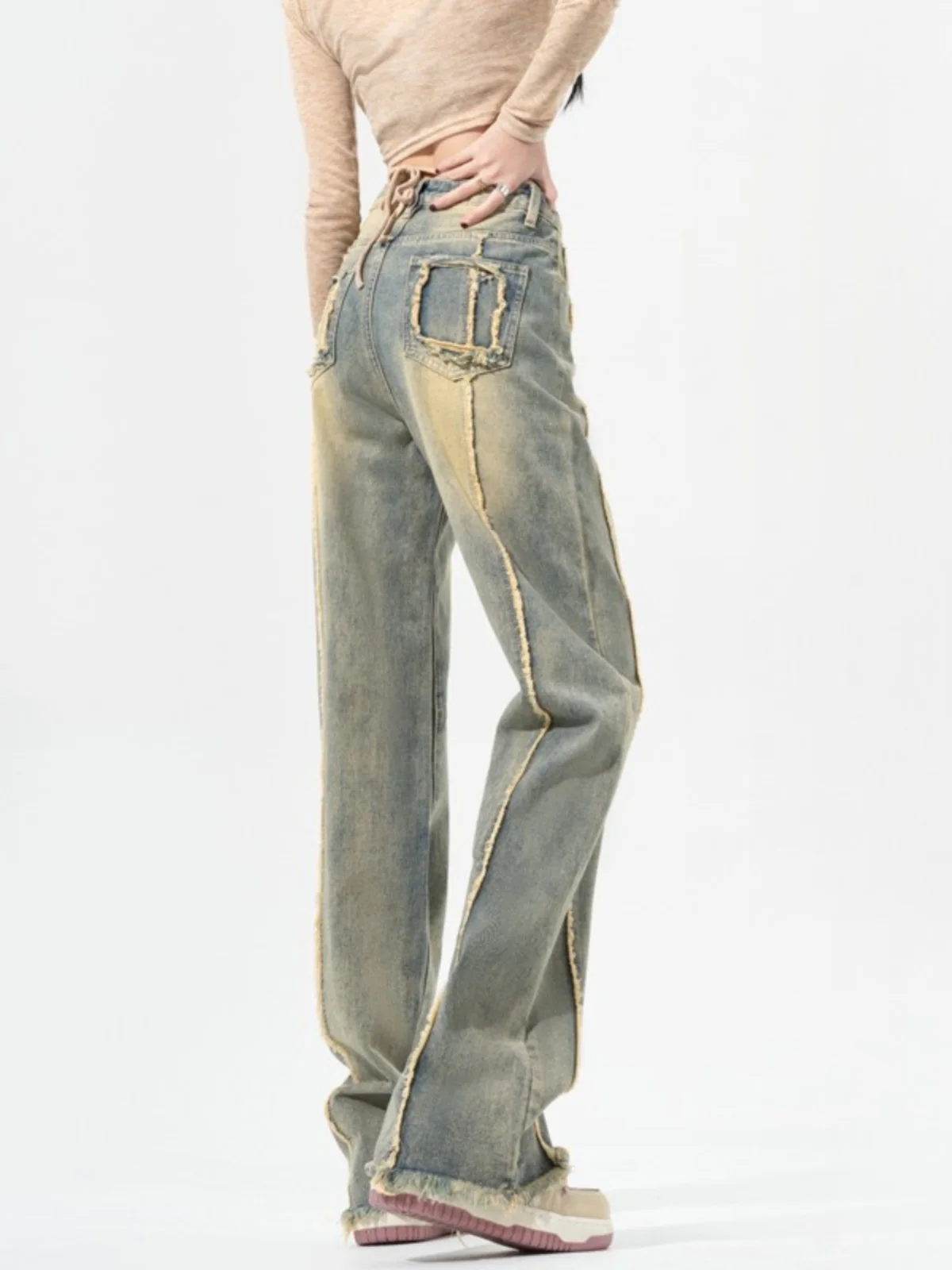 

High Waist American Retro Denim Jeans Women plus Size Spring Autumn Straight Leg Yellow Mud Dye Pants Winter Fashion Ladies