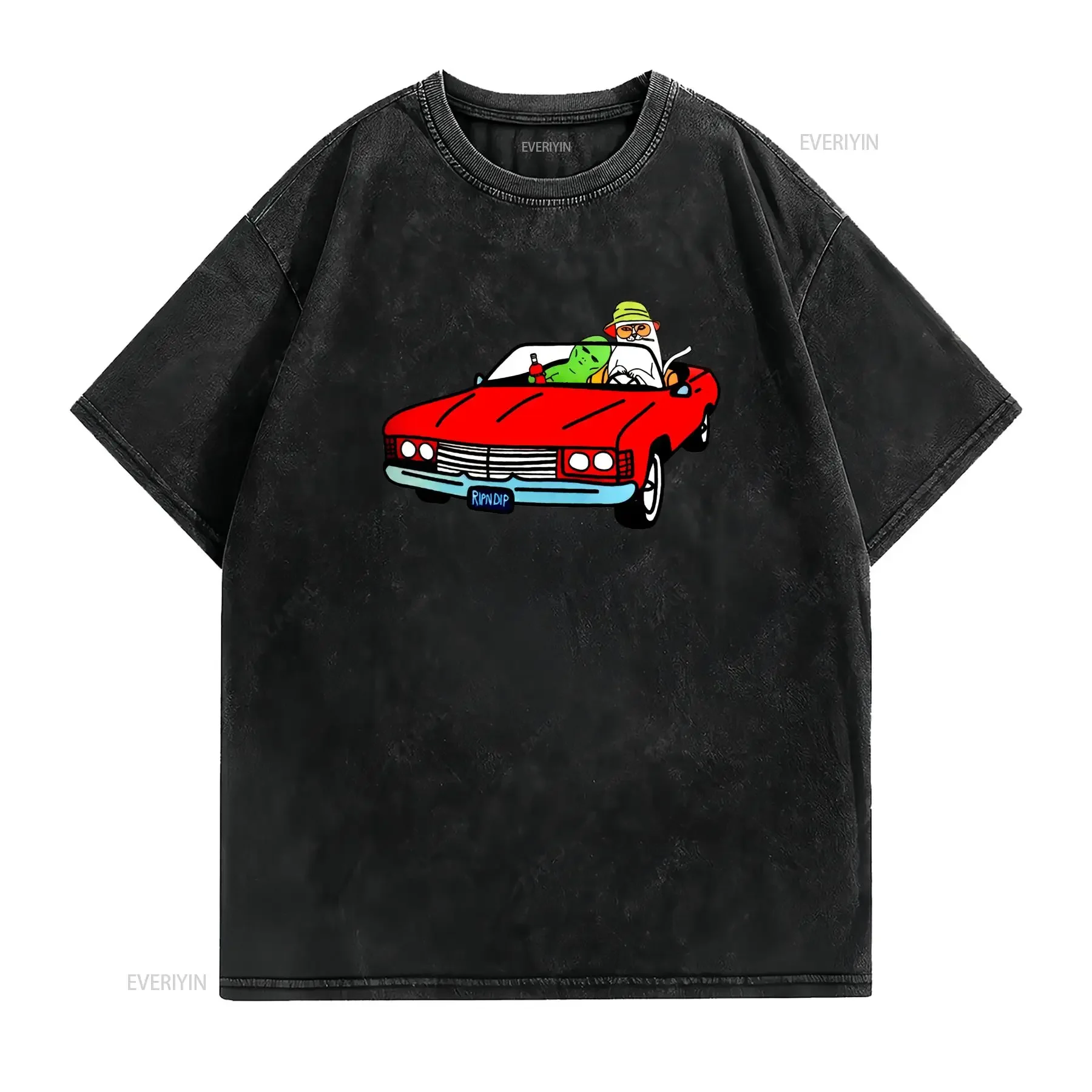 Streetwear Cartoon Cat Alien Convertible Car Print Cool Casual T Shirt vintage Washed Unisex Breathable Top For Everyday Wear