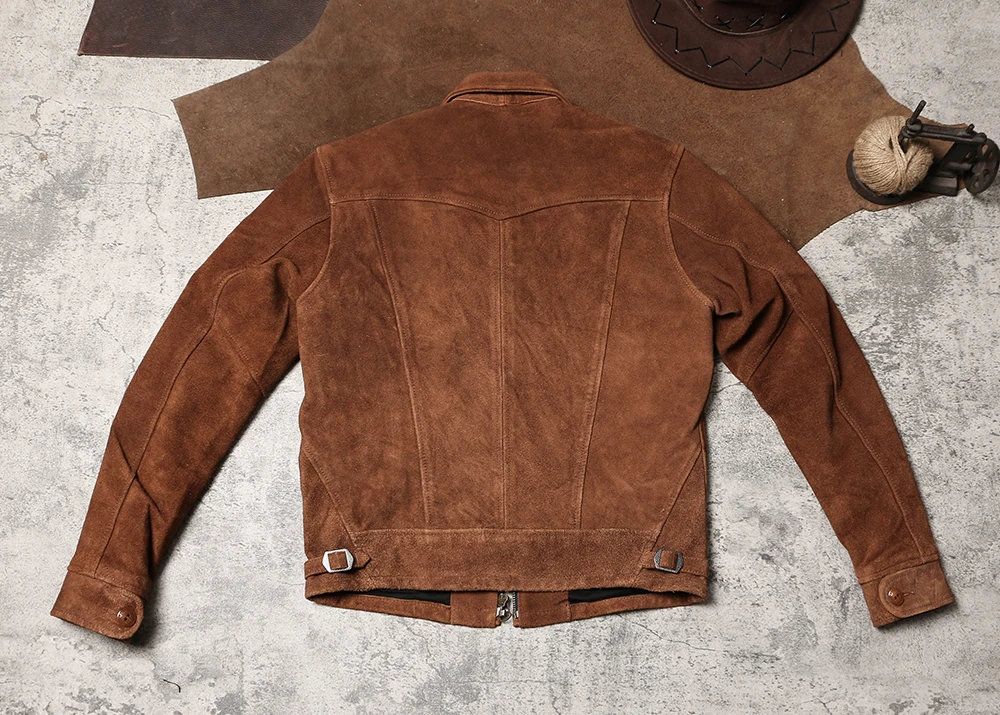 Autumn and Winter Farmer Leather Jacket, American Retro Mendoza Leather Jacket, Reverse Velvet Cowhide Collar, Work Suit