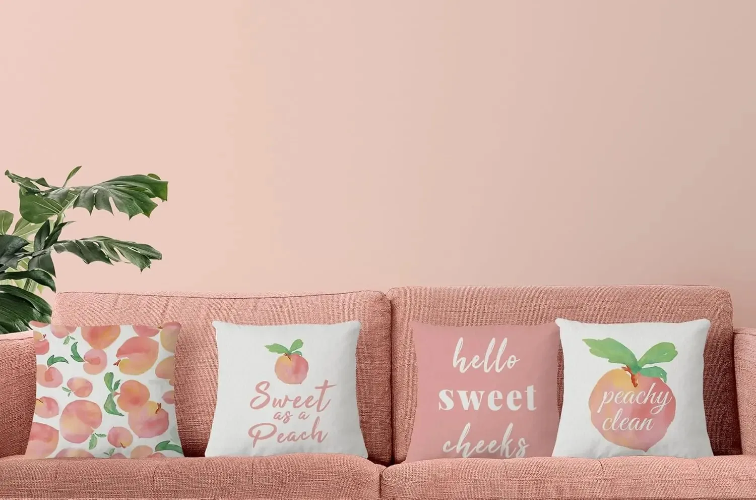 Watercolor Hello Sweet Cheeks Peachy Clean Sweet As A Peach Cute Peaches Pillow Case Set Of 4, Home Nursery Decor Cushion Cover