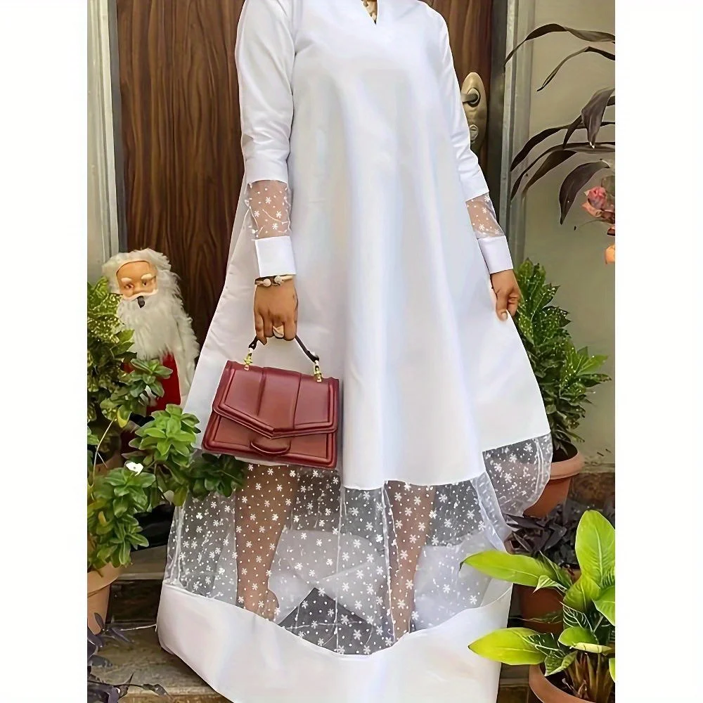 

Casual and Elegant Solid Color Mesh Patchwork O-neck Straight Tube Dress