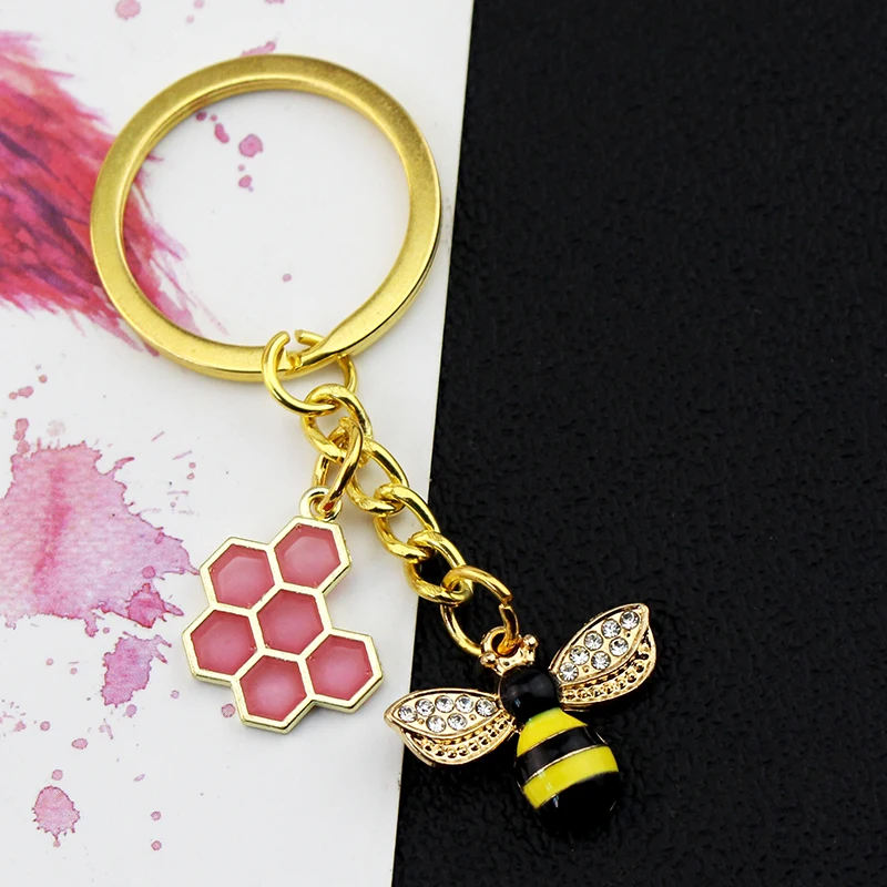 1Pc Cute Women Hexagon Honeycomb Drip Oil Rhinestone Bee Keychain Couple Insect Key Ring Bag Ornament Accessories