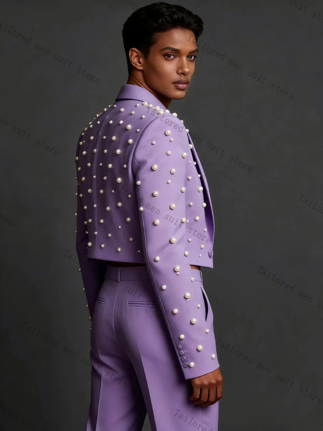 

Pearls Men Suits Pants Set 2 Pcs Short Blazer+Cotton Trousers Groom Wedding Tuxedos Jacket Formal Office Business Coat Outfit