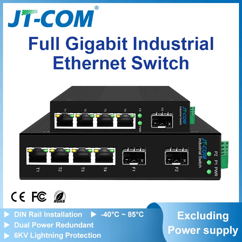 JT-COM-conmutador de fibra Gigabit Industrial, conmutador de 5/6 puertos con SFP 10/100/1000Mbps, Ethernet 4GE + 1(2)SFP -40 a 85 °C DIN-Rail IP40