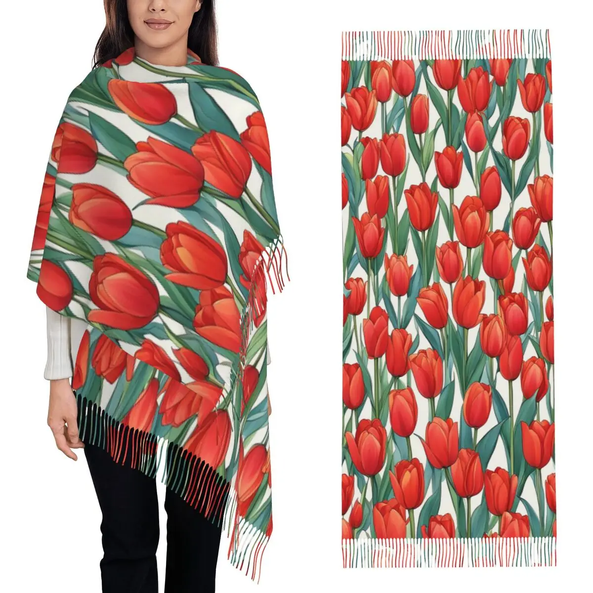 

Tulip Design Pattern Scarf Tassel Scarves for Women Soft Warm Shawls and Wraps Long Fall Winter Shawl Wrap