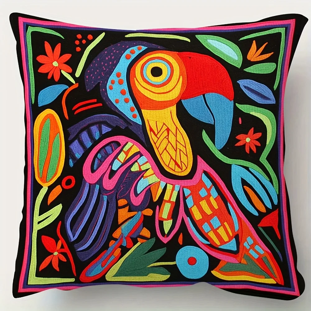 Capa de Almofada Decorativa Dupla Face com Estampa de Papagaio Mola Kuna Panamá, Arte Étnica Vibrante para Sofá e Casa