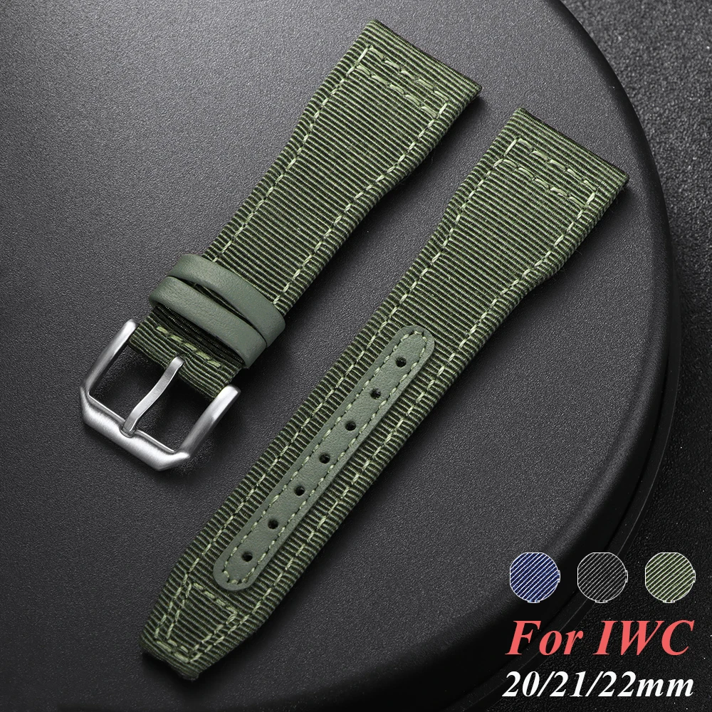20mm 21mm 22mm Nylon Canvas Watch Strap for IWC Pilot Women Men's Leather Wrist Belt Black Armygreen Blue Cowhide Wristband
