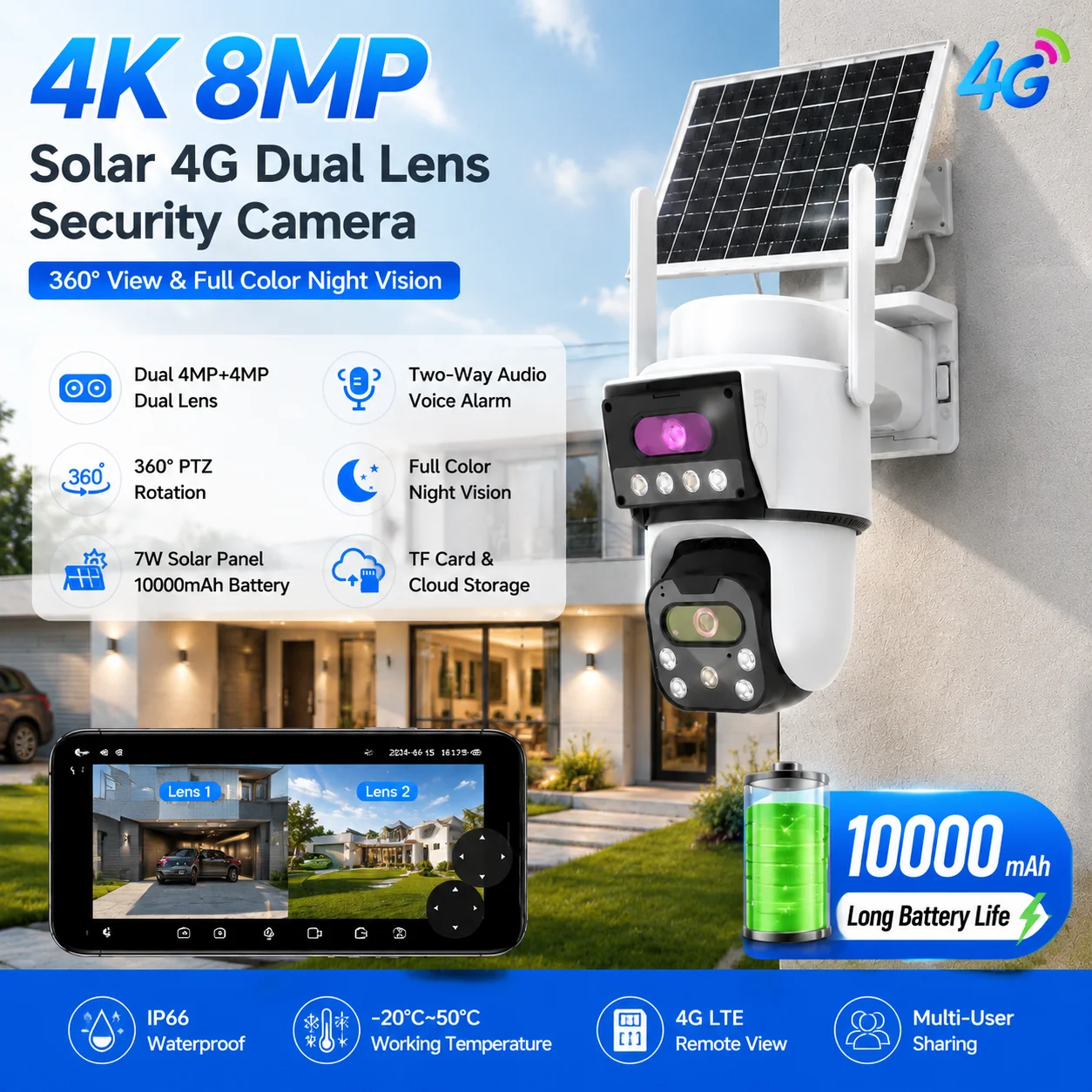 8MP 4G LTE Solar Security Camera Dual Lens Outdoor Wireless CCTV Camera Solar Panel Low Power AI Human Detection Waterproof