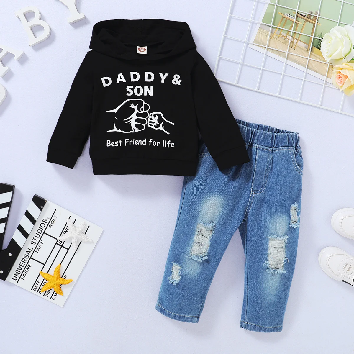 

Winter Toddler Boy Hoodie Clothes Baby Outfits, Alphabet Printed Hooded Long Sleeved Hoodie Jeans Two-piece Sports Set