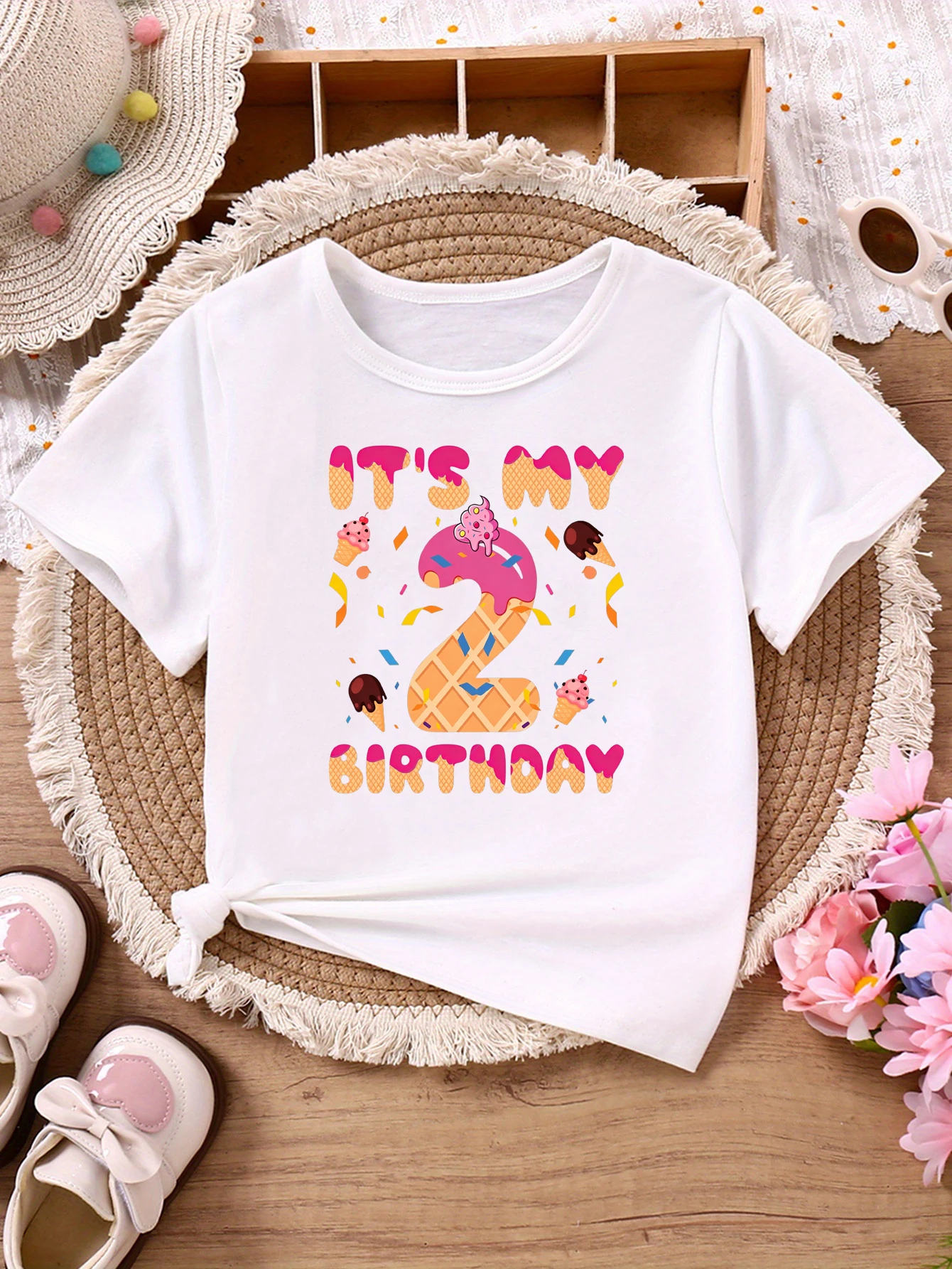 It Is My 2nd Birthday Ice Cream Printed T Shirt Girls The Best Birthday Gift T-Shirt Kawaii Kids Clothes Summer T-Shirt