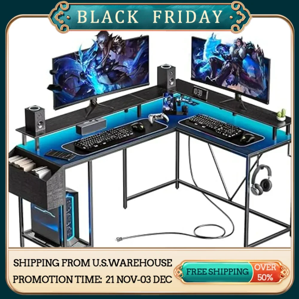 Computer Desk with Power Outlets & LED Lights, L-Shaped Gaming Desk with Monitor Stand & Storage Bag, Corner Desk with Hooks