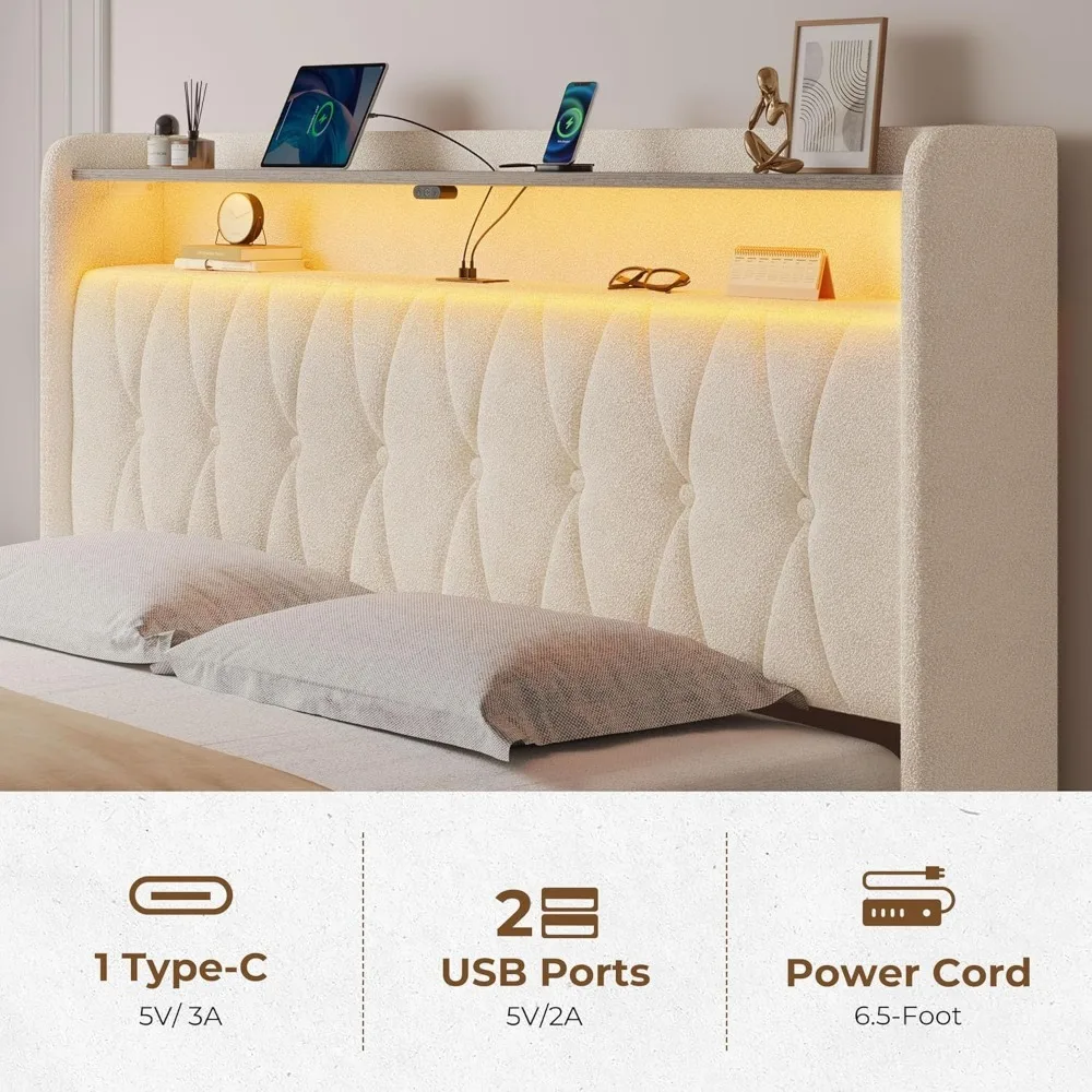 Bed Frame with Drawers, Storage Headboard with Charging Station and LED Lights, Upholstered Bed with Heavy Duty Wood Slats