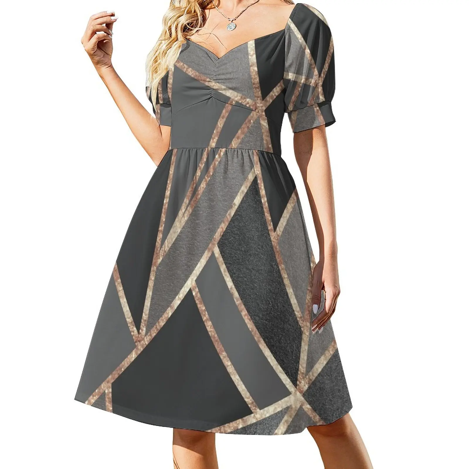 

Classic Silver Gray Charcoal Rose Gold Geo #1 #geometric #decor #art Sleeveless Dress women's summer dress 2023