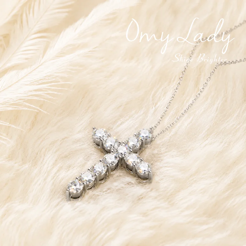 OMY LADY, Shine Brighter,S925 Sterling Silver Cross Necklace, D Color Moissanite Fashion Pendant