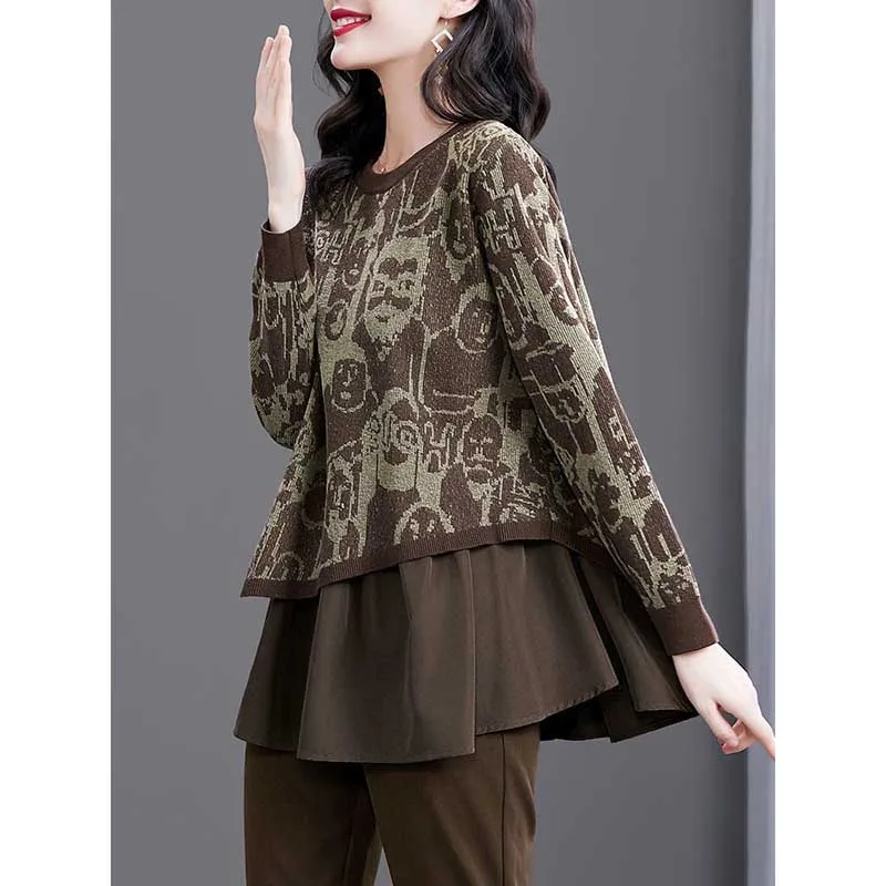 Fashion O-Neck Printed Spliced Fake Two Pieces Blouses Women\'s Clothing 2024 Spring New Loose Casual Tops Asymmetrical Shirts