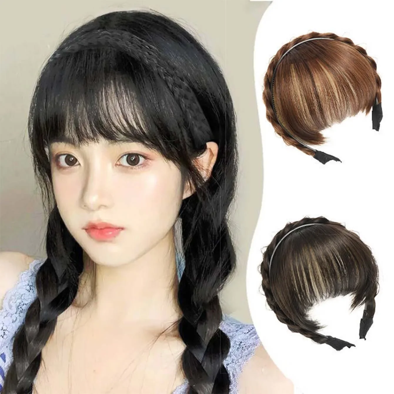 Synthetic Headband Bangs Extension Fake Hair Blunt Fringe Without Long Sides For Women Black Brown Hairpiece Bangs