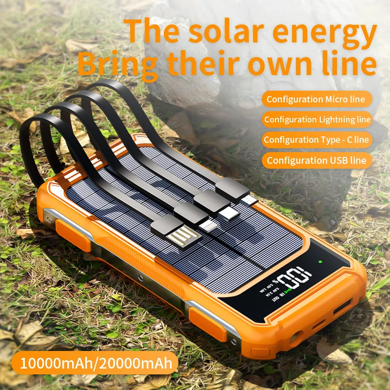 10000/20000mAh Three defenses Portable large capacity solar power bank with 3 charging cable SOS laser light high powerbank USB