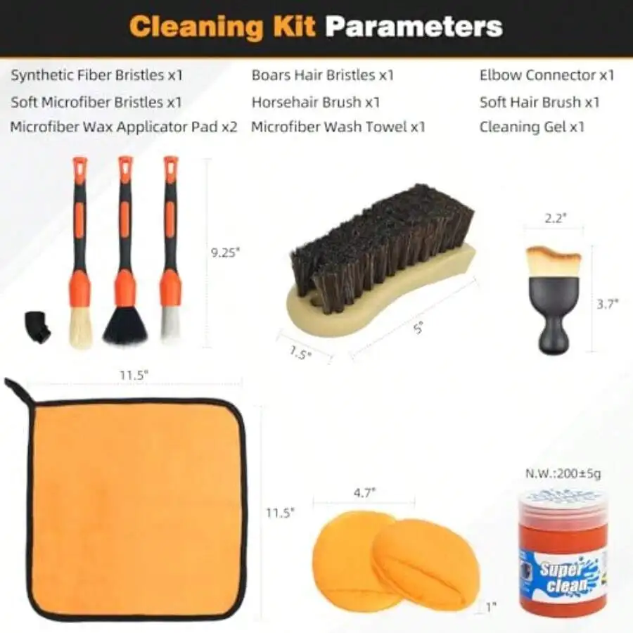 

9-Piece Car Detailing Kit With Horse Hair Boar Bristle Brushes Microfiber Pads Towel And Cleaning Gel