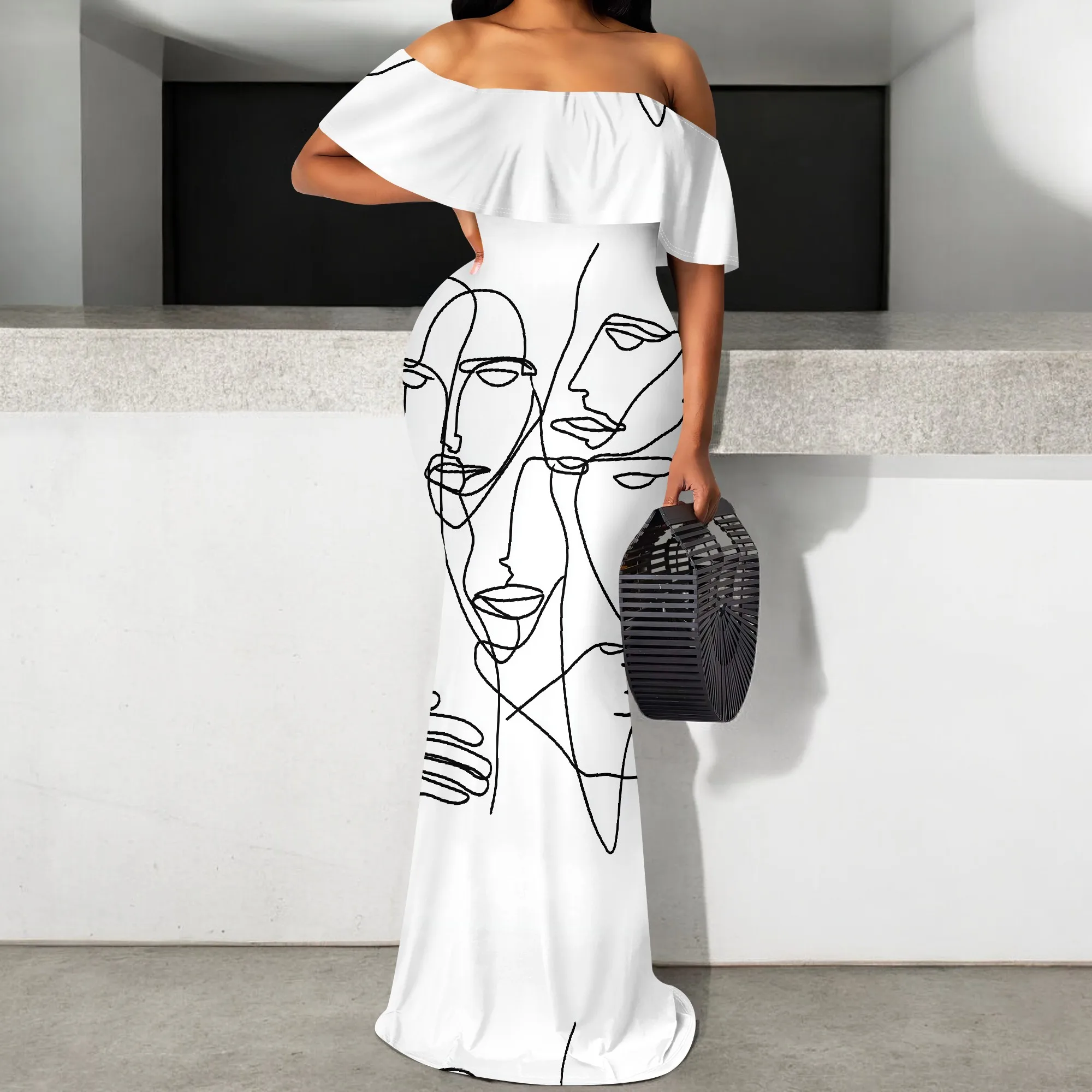 

Women's Off Shoulder Line Art Face Print Maxi Dress S-3XL Ruffle Bodycon Black White Modern Party Club Evening Gown