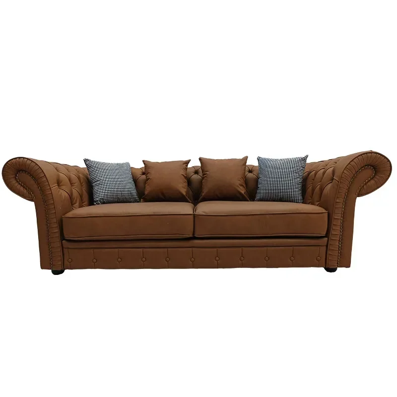 American retro leather sofa three or four people straight row oil wax leather villa living room bar first layer cowhide sofa