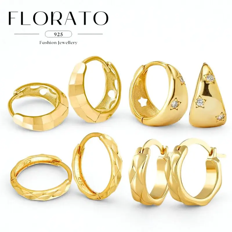 

FLORATO 925 Silver Needle Hollow Design Hoop Gold Earrings For Women Prismatic Section European American Advanced Jewelry Gifts