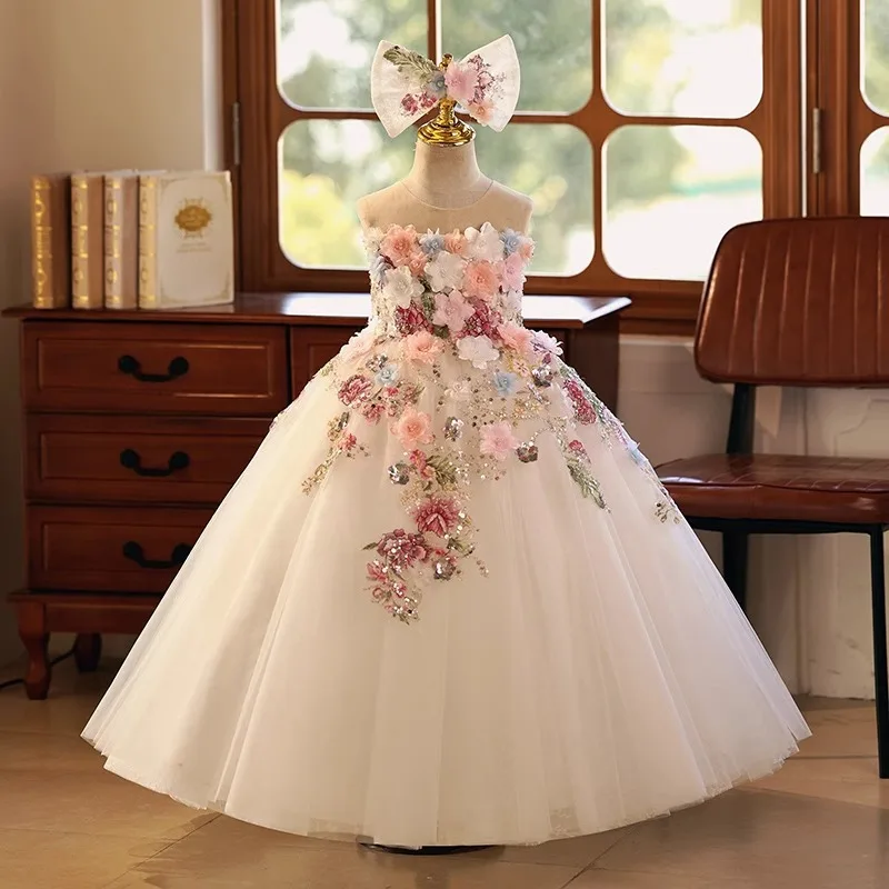 Tulle Flower Girl Dress for Wedding Appliques Pageant Dress for Kids Sequin Puffy Birthday Party Ball Gowns for Girls