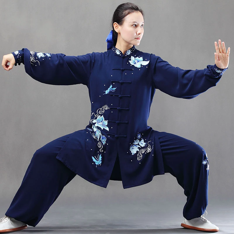Custom Navy Blue Fire Lotus Tai Chi Suit, Double Silk Linen Winter Practice Wear for Unisex Premium Brand
