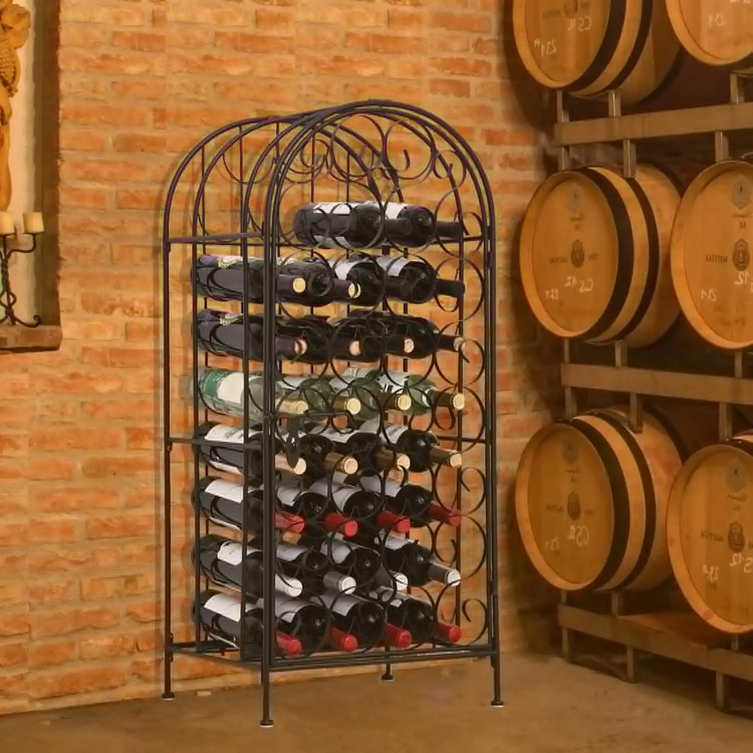 35-Bottle Wrought Iron Wine Rack Cabinet with Lock, Black for Home Cellar Storage