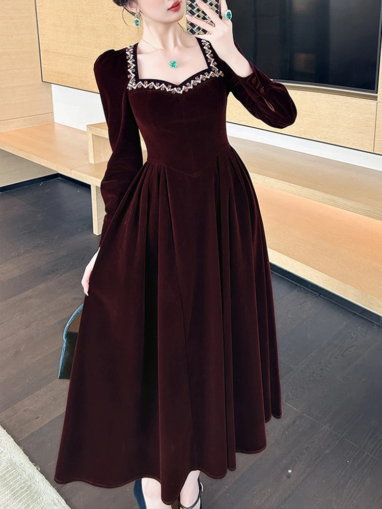 Ropa de mujer elegante de terciopelo liso con mangas abullonadas, vestido ajustado acampanado de lujo para noche, Vestidos elegantes para fiesta de cumpleaños, bata informal