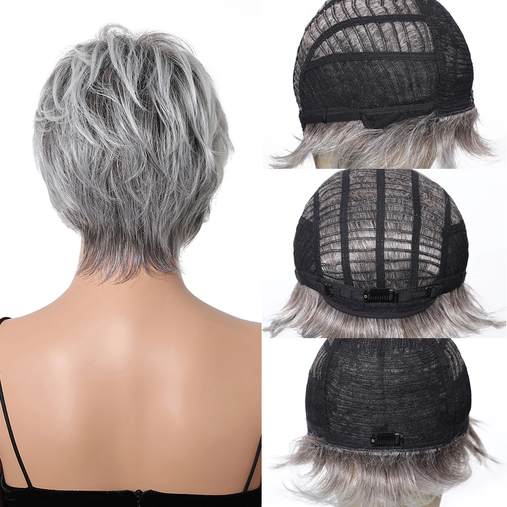 Perruque Synthétique Courte en Couches pour Femme, Cheveux Humains Naturels, Coupe Pixie, Mélange, Gris, Argent, Haute Température