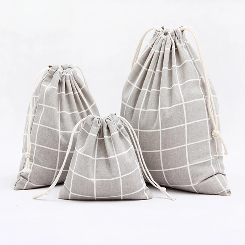 New Plaid Cotton Drawstring Bag Men Women Travel Organizer Clothes Shoes Packing Pouch Home Storage Shopping Bag Tote Set