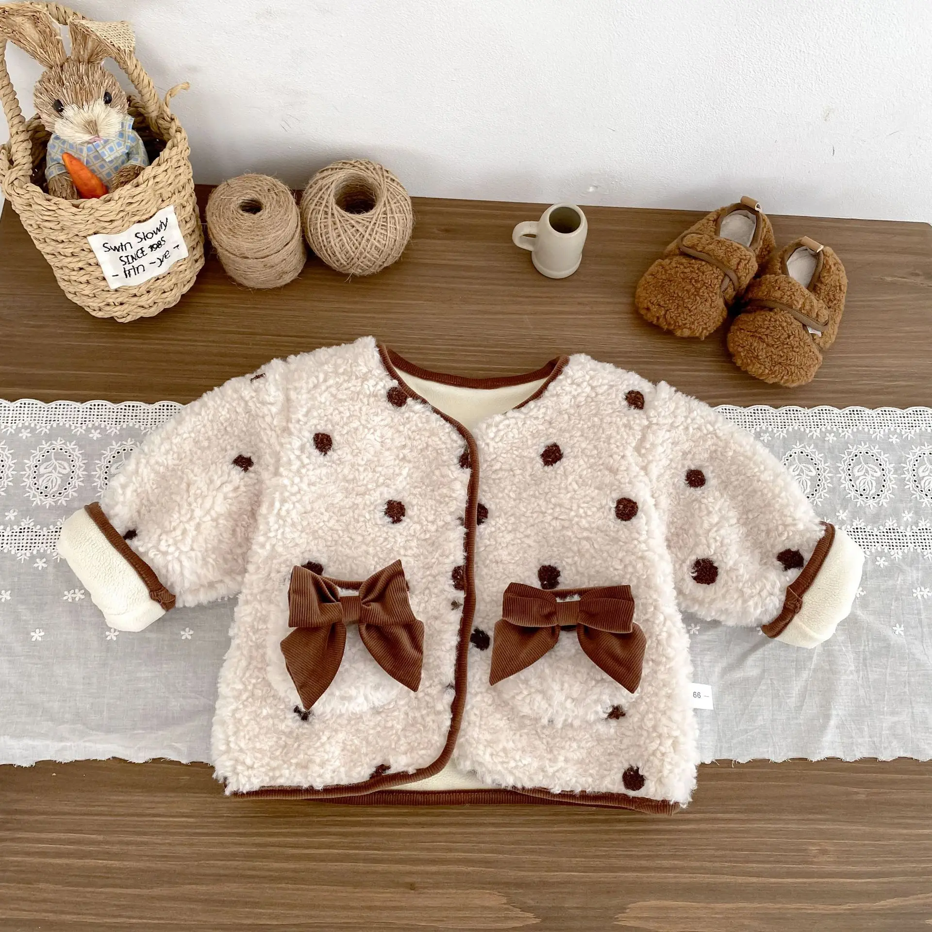 Set Cotton Coat Pants Two-piece Thicken Winter Fashionable New Soft Comfortable Casual Soild Polka Dot Korean Bowknot